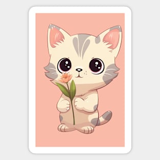 Cute Kitten with Flower Illustration Magnet